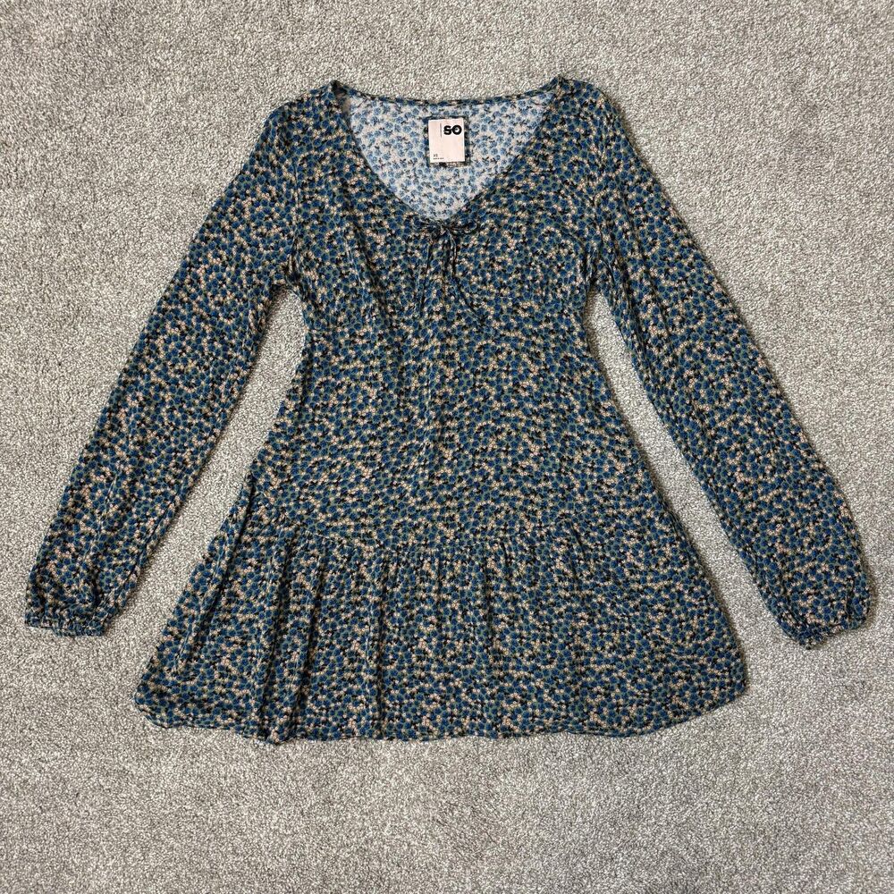 SO Dress Womens XS Blue Floral Long Sleeve Fit & Flare Mini Jersey Casual Tiered